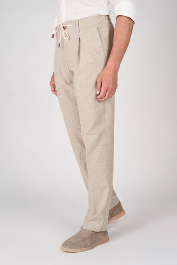 Cotton-Linen Micro Pattern Drawstring Trousers