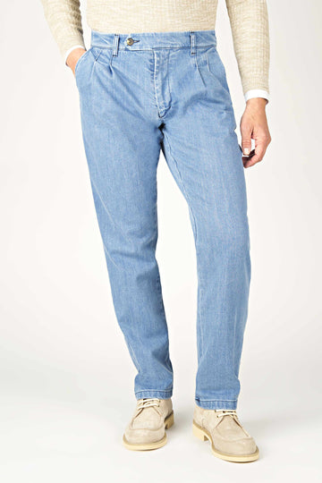 Double-Pleat Denim Trousers