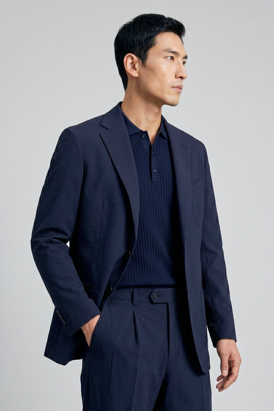 Single-breasted blazer in textured stretch seersucker fabric - MONTEZEMOLO