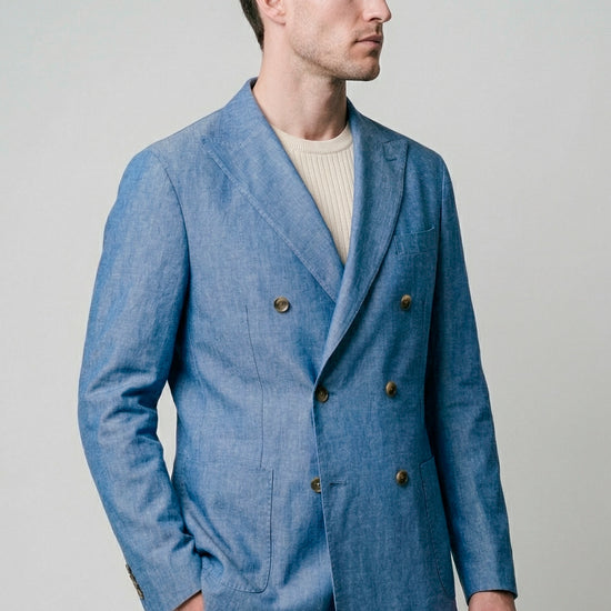 Unlined double-breasted cotton & linen blazer denim-effect - MONTEZEMOLO