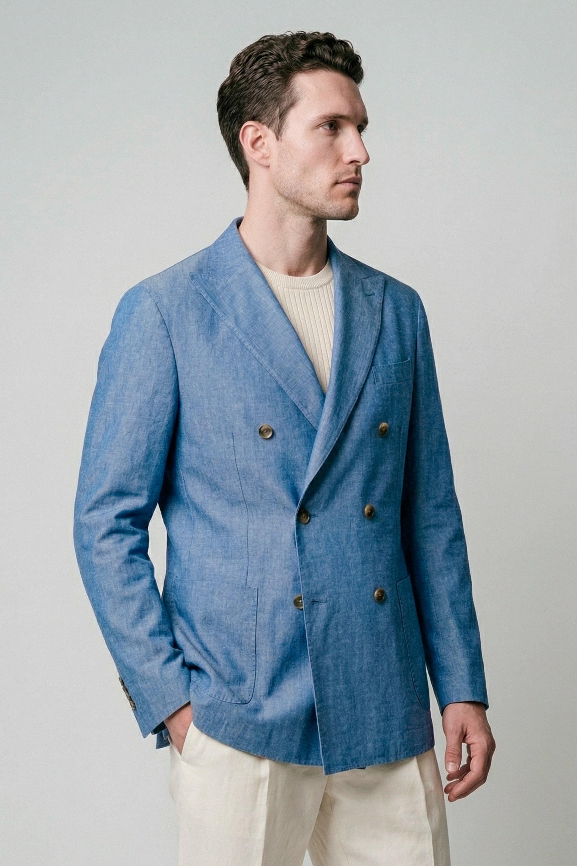 Unlined double-breasted cotton & linen blazer denim-effect - MONTEZEMOLO
