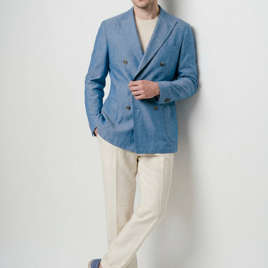 Unlined double-breasted cotton & linen blazer denim-effect - MONTEZEMOLO