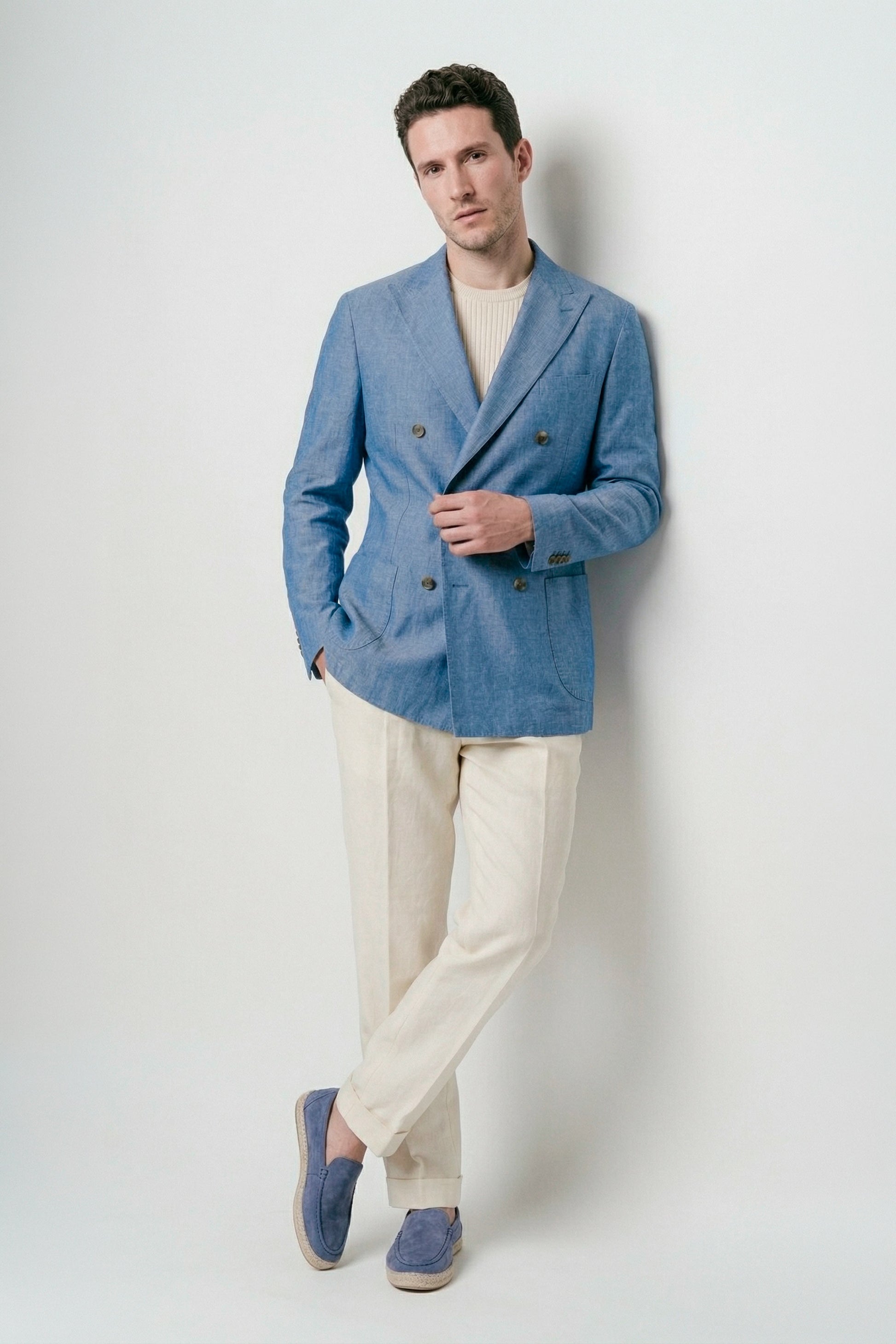Unlined double-breasted cotton & linen blazer denim-effect - MONTEZEMOLO