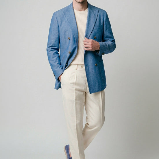 Unlined double-breasted cotton & linen blazer denim-effect - MONTEZEMOLO