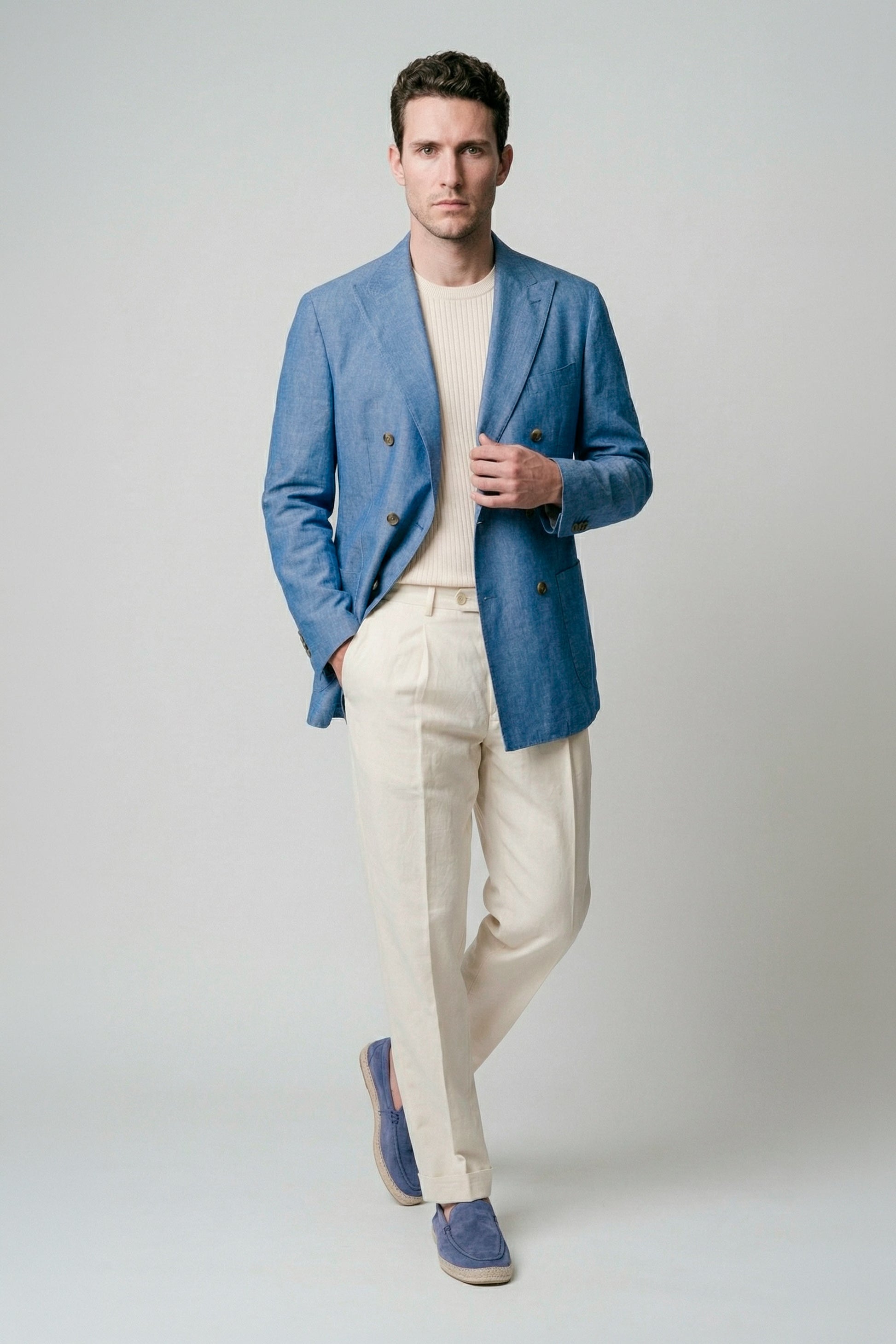 Unlined double-breasted cotton & linen blazer denim-effect - MONTEZEMOLO