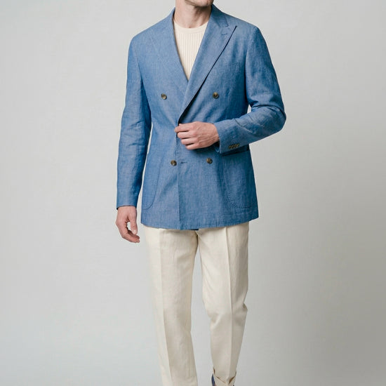 Unlined double-breasted cotton & linen blazer denim-effect - MONTEZEMOLO
