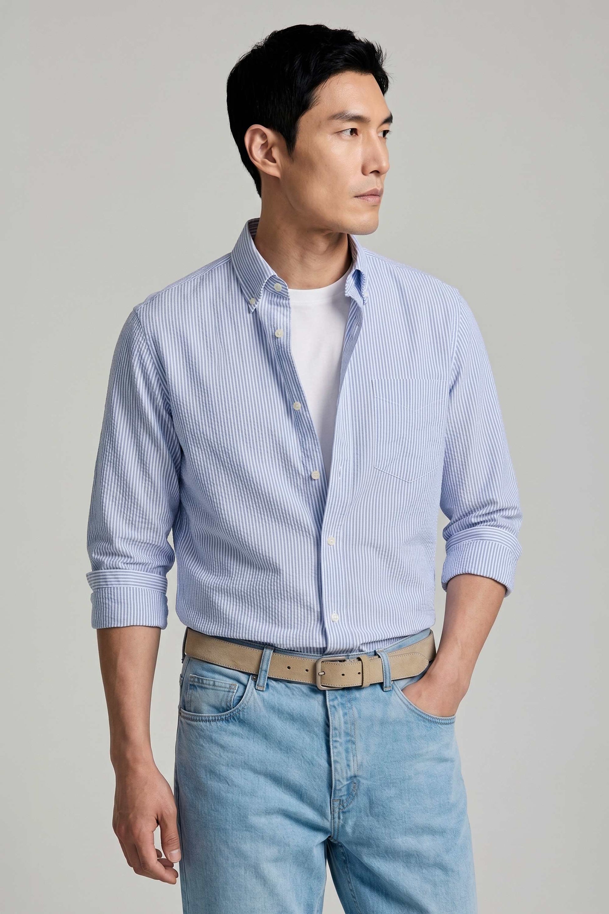 Button-down seersucker cotton striped shirt - MONTEZEMOLO